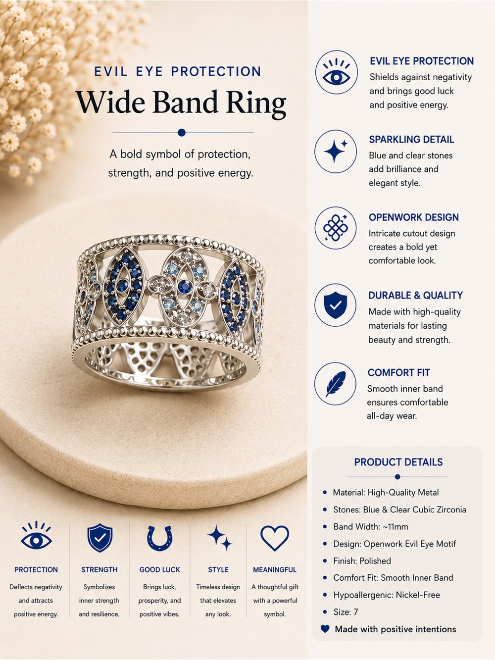 Wide Band Evil Eye Ring with Blue Cubic Zirconia - Brand